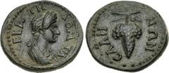 LYDIA, Sala. Domitia. Augusta, AD 82-96. Æ (18mm, 3.01 g, 6h). Bare head right / Grape bunch on vine. RPC 1345; BMC 30; SNG Copenhagen 437. Good VF, dark green patina. Rare first issue of Sala. Sala’s