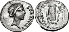 The Republicans. Brutus. Spring-early summer 42 BC. AR Denarius (18mm, 3.70 g, 12h). Military mint traveling with Brutus in Lycia. Bare head of Libertas right / Plectrum, lyre, and laurel branch tied 