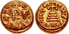 Constans II, with Constantine IV. 641-668. AV Solidus (11mm, 4.46 g, 6h). Carthage mint. Dated IY 15 (AD 656/7). Crowned and draped facing busts of Constans, holding globus cruciger, and Constantine /