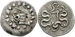 MYSIA, Pergamon. Circa 133-67 BC. AR Cistophoric Tetradrachm (26mm, 12.63 gm). Cista mystica with serpent; all within ivy wreath / Bow-case with serpents, monogram to left, AM above, snake-entwined st