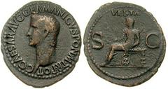 GAIUS CALIGULA. 37-41 AD. Æ As (30mm, 10.23 gm). Struck 37-38 AD. Bare head left / Vesta seated left on throne, holding patera and sceptre. RIC I 38; Cohen 27. VF, dark brown patina, a scratch across 