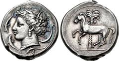 SICILY, Entella. Punic issues. Circa 320/15-300 BC. AR Tetradrachm (26mm, 17.11 g, 12h). Head of Arethusa left, wearing wreath of grain ears, triple-pendant earring, and pearl necklace; four dolphins 