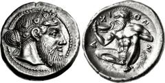 SICILY, Naxos. Circa 461 BC. AR Drachm (18mm, 4.29 g, 4h). Bearded head of Dionysos right, wearing tainia decorated with an ivy branch / Silenos, nude and bearded, squatting half-left, holding kanthar