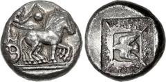 MACEDON, Olynthos. Circa 479-450 BC. AR Tetradrachm (23mm, 17.08 g, 10h). Charioteer, holding kentron in right hand and reins in left, driving quadriga right; large pellet above / Eagle flying left wi