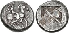 MACEDON, Potidaia. Circa 500-480 BC. AR Tetradrachm (23mm, 16.96 g). Nude Poseidon Hippios, holding trident in right hand and reins in left, on horseback right; [to left, bird standing right] / Large 