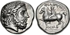 KINGS of MACEDON. Philip II. 359-336 BC. AR Tetradrachm (22mm, 14.42 g, 12h). Pella mint. Struck circa 359-355/4 BC. Head of Zeus right, wearing laurel wreath / ΦIΛIΠΠOY, Philip, wearing kausia, chlam