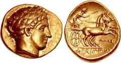 KINGS of MACEDON. temp. Philip II – Alexander III. Circa 340/36-328 BC. AV Stater (19mm, 8.58 g, 10h). In the name and types of Philip II. Amphipolis mint. Head of Apollo right, wearing laurel wreath 