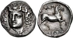 THESSALY, Larissa. Circa 356-342 BC. AR Stater (22mm, 12.24 g, 1h). Late facing head type. Head of the nymph Larissa facing slightly left, hair in ampyx, wearing necklace / Bridled horse prancing righ