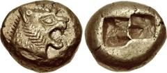 KINGS of LYDIA. temp. Alyattes – Kroisos. Circa 610-546 BC. EL Trite – Third Stater (13mm, 4.71 g). Sardes mint. Head of roaring lion right, sun with multiple rays on forehead / Two incuse square punc