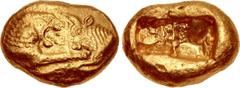 KINGS of LYDIA. Kroisos. Circa 560-546 BC. AV Stater (16mm, 8.07 g). Light series. Sardes mint. Struck circa 550-546 BC. Confronted foreparts of lion right and bull left / Two incuse square punches of