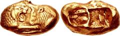KINGS of LYDIA. temp. Cyrus – Darios I. Circa 545-520 BC. AV Stater (17mm, 8.04 g). Sardes mint. Confronted foreparts of lion right and bull left / Two square punches of unequal size. Traité I –; SNG 