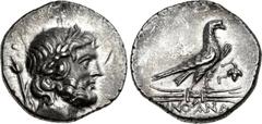 LYCIA, Oinoanda. Circa 200 BC. AR Didrachm (22mm, 7.52 g, 12h). Head of Zeus right, wearing laurel wreath; scepter to left / Eagle standing right on winged thunderbolt; grape bunch and Γ to right, [O]