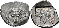 DYNASTS of LYCIA. Mithrapata. Circa 390-370 BC. AR Stater (25mm, 9.68 g, 10h). Facing lion scalp, M horizontally on right cheek / Head of Mithrapata left; MITHR-A-P-ATA in Lycian around, triskeles to 