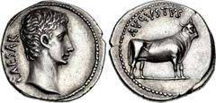 Augustus. 27 BC-AD 14. AR Denarius (19mm, 4.08 g, 12h). Pergamum mint. Struck 27 BC. CΛESAR, bare head right / AVGVSTVS, heifer standing right. RIC I 475; RSC 28; BMCRR East 284-5 = BMCRE 662-3; BN 94