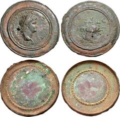 Nero. AD 54-68. Æ Mirror in two parts (51mm, 68.43 g). Styled after a Lugdunum (Lyon) mint issue of circa AD 67. IMP NERO CAESAR AVG P MAX TR POT P P, laureate head right, globe at point of neck / D[E