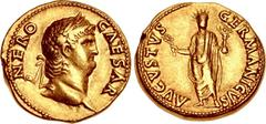 Nero. AD 54-68. AV Aureus (19mm, 7.38 g, 6h). Rome mint. Struck circa AD 64-65. NERO CAESAR, laureate head right / AVGVSTVS GERMANICVS, Nero, radiate and togate, standing facing, holding branch in rig