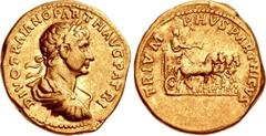 Divus Trajan. Died AD 117. AV Aureus (19mm, 7.12 g, 6h). Rome mint. Struck under Hadrian, AD 117-118. DIVO TRAIANO PARTH AVG PATRI, laureate, draped, and cuirassed bust right / TRIVM P HVS PARTHICVS, 