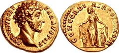 Marcus Aurelius. As Caesar, AD 139-161. AV Aureus (20mm, 6.59 g, 5h). Rome mint. Struck under Antoninus Pius, AD 148-149. AVRELIVS CAESAR AVG PII F, bare head right / CONCORDIA TR POT III COS II, Conc