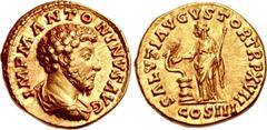 Marcus Aurelius. AD 161-180. AV Aureus (19mm, 6.79 g, 6h). Rome mint. Struck AD 162-163. IMP M ANTONINVS AVG, bareheaded, draped, and cuirassed bust right / SALVTI AVGVSTOR TR P XVII, COS III in exerg