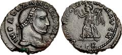 Alexander of Carthage. Usurper, AD 308-310. Æ Follis (23mm, 4.62 g, 12h). Carthago (Carthage) mint. IMP ALEXANDER P F AVG, laureate head right / VICTORIA ALEXANDRI AVG N, Victory advancing left, holdi