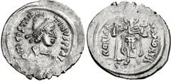 Tiberius II Constantine. 578-582. AR Siliqua (20mm, 2.26 g, 6h). Constantinople mint. Struck late 578. ∂ m COSTAN TINVS P P AC, helmeted, diademed, draped, and cuirassed bust right / GLORIA RO MANORVM