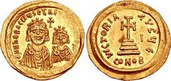Heraclius, with Heraclius Constantine. 610-641. AV Solidus (21mm, 4.51 g, 6h). Constantinople mint, 5th officina. Struck late January 613. dd NN hЄRACLIЧS Єτ hЄ[RA CONS]τ, draped facing busts of Herac