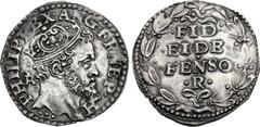 ITALY, Napoli (Regno). Filippo II di Spagna. 1554-1598. AR Carlino (23mm, 2.98 g, 11h). First Period. Napoli (Naples) mint. Struck 1554-1556. PHILIP • REX • ANG • FR • NE • P • H, crowned head right; 