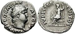 NERO. 54-68 AD. AR Denarius (18mm, 3.36 gm). Struck 67-68 AD. Laureate head right / Jupiter seated left, holding thunderbolt and sceptre. RIC I 69; RSC 123. VF. This reverse type commemorates the prot