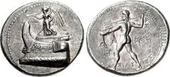 KINGS of MACEDON. Demetrios I Poliorketes. 306-283 BC. AR Tetradrachm (28mm, 17.13 g, 1h). Salamis mint. Struck circa 300-295 BC. Nike, blowing trumpet and holding stylis, standing left on prow of gal