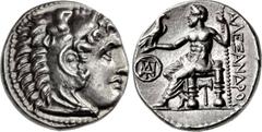 KINGS of MACEDON. Demetrios I Poliorketes. 306-283 BC. AR Drachm (17mm, 4.29 g, 11h). In the name and types of Alexander III. Miletos mint. Struck circa 295/4 BC. Head of Herakles right, wearing lion 