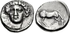 THESSALY, Larissa. Circa 405/0-370 BC. AR Drachm (17mm, 5.94 g, 9h). Early facing head type. Dies signed by the artist Ai-. Head of the nymph Larissa facing slightly left, with hair in ampyx; [ΓEY on 