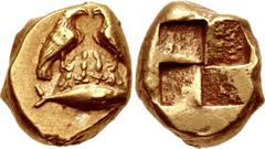 MYSIA, Kyzikos. 5th-4th centuries BC. EL Hekte – Sixth Stater (9mm, 2.68 g). Two eagles standing facing each other on ornamented omphalos; below, tunny right / Quadripartite incuse square. Hurter & Li