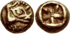 KINGS of LYDIA. temp. Ardys – Alyattes. Circa 630s-564/53 BC. EL Myshemihekte – Twenty-fourth Stater (5mm, 0.59 g). Head of boar right; radiating lines around / Incuse square. Spier p. 332, 6 = Rosen 