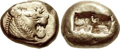 KINGS of LYDIA. temp. Alyattes – Kroisos. Circa 620/10-550/39 BC. EL Trite – Third Stater (12mm, 4.71 g). Sardes mint. Head of roaring lion right, sun with multiple rays on forehead / Two incuse squar