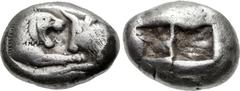 KINGS of LYDIA. Kroisos. Circa 564/53-550/39 BC. AR Stater – Double Siglos (20mm, 10.63 g). Sardes mint. Confronted foreparts of lion right and bull left / Two incuse squares of unequal size. Berk 20;