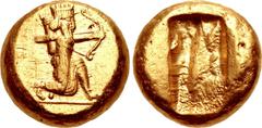 PERSIA, Achaemenid Empire. temp. Darios I to Xerxes I. Circa 505-480 BC. AV Daric (13mm, 8.42 g). Persian king or hero in kneeling-running right, holding spear in right hand, bow in left, quiver over 