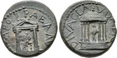 JUDAEA, Roman Administration. Diva Poppaea and Diva Claudia. Died AD 65 and AD 63. Æ (19mm, 5.92 g, 12h). Caesarea Panias(?) mint. Struck AD 65-68. Statue of Diva Poppaea seated left within distyle te