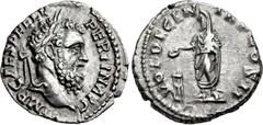 Pertinax. AD 193. AR Denarius (18mm, 3.26 g, 1h). Rome mint. Laureate head right / Pertinax standing left, holding roll and sacrificing out of patera over tripod to left. RIC IV 13a; RSC 56. Good VF, 