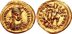Theodosius II. AD 402-450. AV Solidus (20mm, 4.10 g, 6h). Constantinople mint, 1st officina. Struck AD 441. Pearl-diademed, helmeted, and cuirassed bust facing slightly right, holding spear and shield