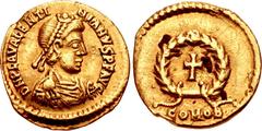 Valentinian III. AD 425-455. AV Tremissis (13mm, 1.41 g, 6h). Ravenna (or Rome) mint. Struck AD 440-455. Pearl-diademed, draped, and cuirassed bust right / Cross potent within wreath; COMOB. RIC X 206
