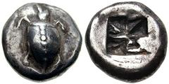 731019. Sold For $2500 AEGINA. Circa 550-530 BC. AR Stater (12.64 gm). Sea-turtle with heavy collar and row of dots down center of back / Rough "Union Jack" incuse punch. Holloway, "The Early Aegineta
