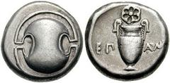 731144. Sold For $465 BOEOTIA, Thebes. Circa 395-335 BC. AR Stater (11.87 gm). Boeotian shield / Amphora; EΠ left, AM[I] right, rose above. Hepworth, "The 4th Century BC Magistrate Coinage of the Boio