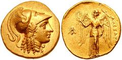 730625. Sold For $12500 MACEDON, Kings of, Alexander III. 336-323 BC. AV Distater (17.24 gm). Pella mint. Struck circa 325-315 BC. Helmeted head of Athena right / AΛEΞANΔΡ[OΥ], Nike standing left, hol