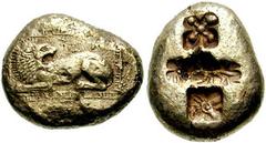 729966. Sold For $3500 IONIA, Miletos. Before 575 BC. EL Stater (13.99 gm). Lion reclining left, head reverted, within segmented rectangular frame / Central oblong punch containing a running fox and t