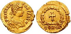 731396. Sold For $3750 JULIUS NEPOS. First Reign, 474-475 AD. AV Tremissis (1.43 gm). Ravenna mint. D N IVL NE-POS P F AVG, pearl diademed, draped, and cuirassed bust right / Cross within wreath; COMO