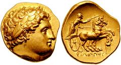 731921. Sold For $2250 MACEDON, Kings of. Philip II. 359-336 BC. AV Stater (8.59 gm). Kolophon mint. Struck under Philip III, circa 323-319 BC. Laureate head of Apollo right / ΦIΛIΠΠOΥ in exergue, cha