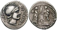733607. Sold For $695 CNAEUS POMPEY JUNIOR, son of Pompey the Great. 46-45 BC. AR Denarius (19mm, 4.01 gm). Spanish mint. M POBLICI LEG PRO PR, helmeted head of Roma right / CN MAGNVS IMP, Hispania st