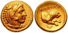 734476. Sold For $3250 KINGS of MACEDON. Philip II. 359-336 BC. AV Half Stater (13mm, 4.37 gm). Amphipolis mint. Struck circa 340/336-328 BC. Head of Herakles right, wearing lion skin headdress / ΦIΛI
