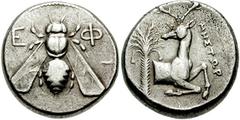734623. Sold For $895 IONIA, Ephesos. Circa 390-325 BC. AR Tetradrachm (22mm, 15.22 gm). Struck circa 380-370 BC. Magistrate Mestor. Bee with straight wings / Forepart of stag right, head reverted; pa