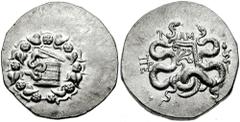 735696. Sold For $245 MYSIA, Pergamon. Circa 133-67 BC. AR Cistophoric Tetradrachm (12.64 gm). Struck circa 95-92 BC. Cista mystica with serpent; all within ivy wreath / Bow-case with serpents; monogr